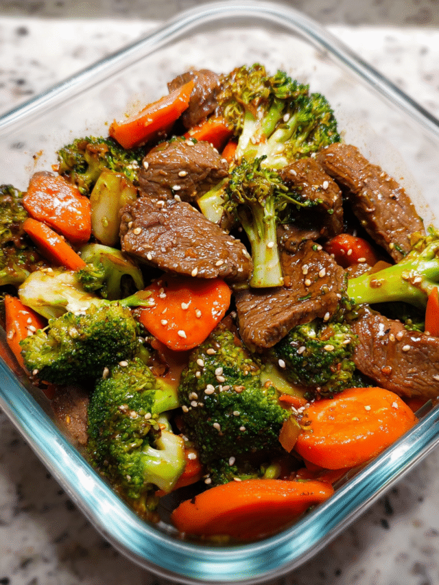 Clean eating beef stir fry meal prep with broccoli and carrots