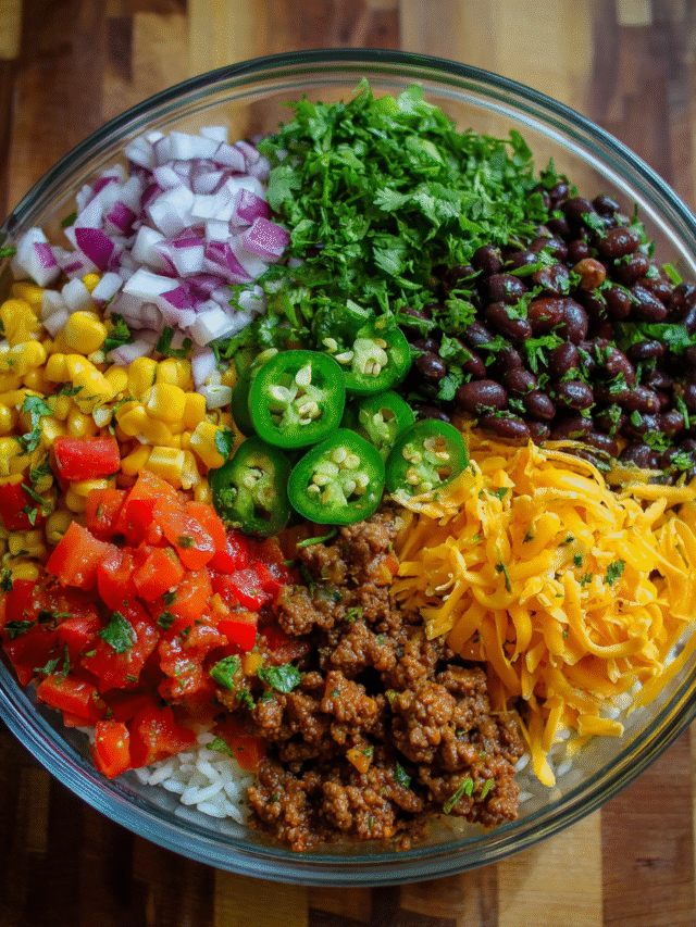 Beef taco bowl meal prep with rice, beans, and corn salsa in meal prep containers