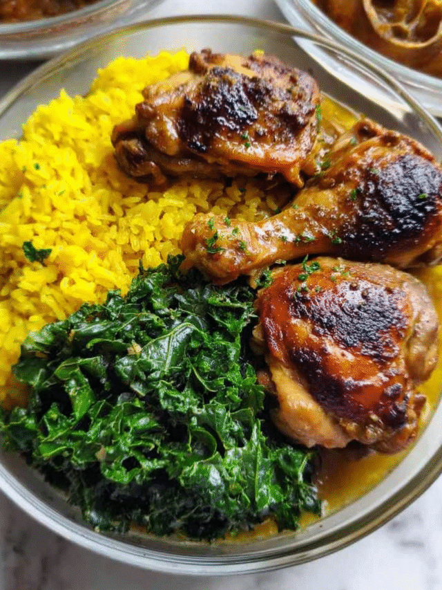 Chicken adobo meal prep bowl with yellow jasmine rice and garlic kale