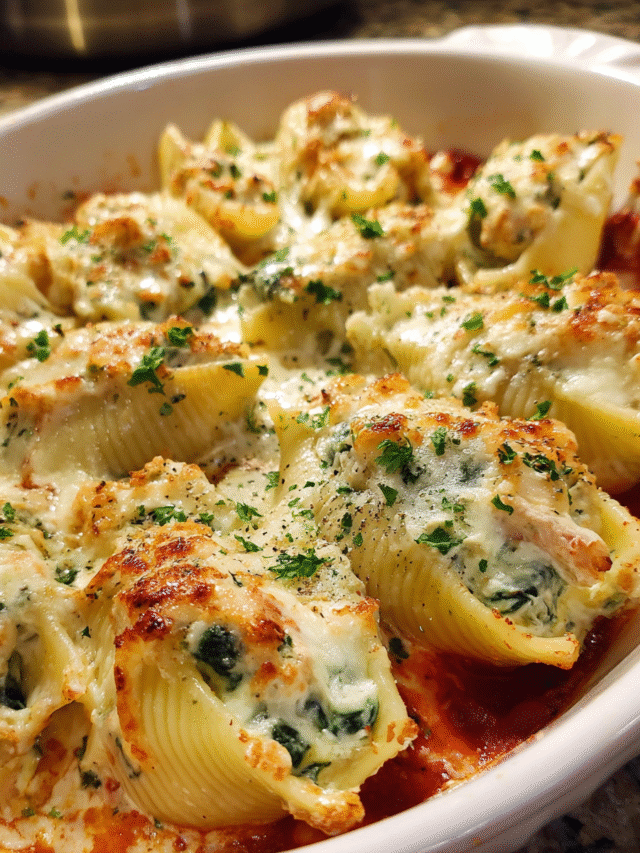 Chicken and spinach stuffed shells baked with mozzarella