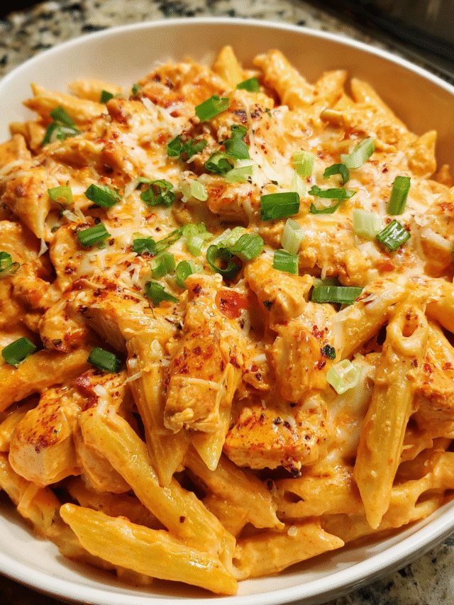 creamy buffalo chicken pasta in a skillet