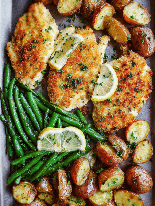 Crispy parmesan baked chicken milanese with roasted vegetables