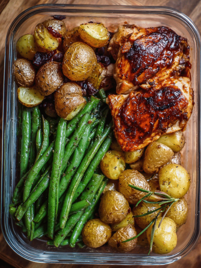 Glazed chicken meal prep with roasted potatoes and green beans in containers