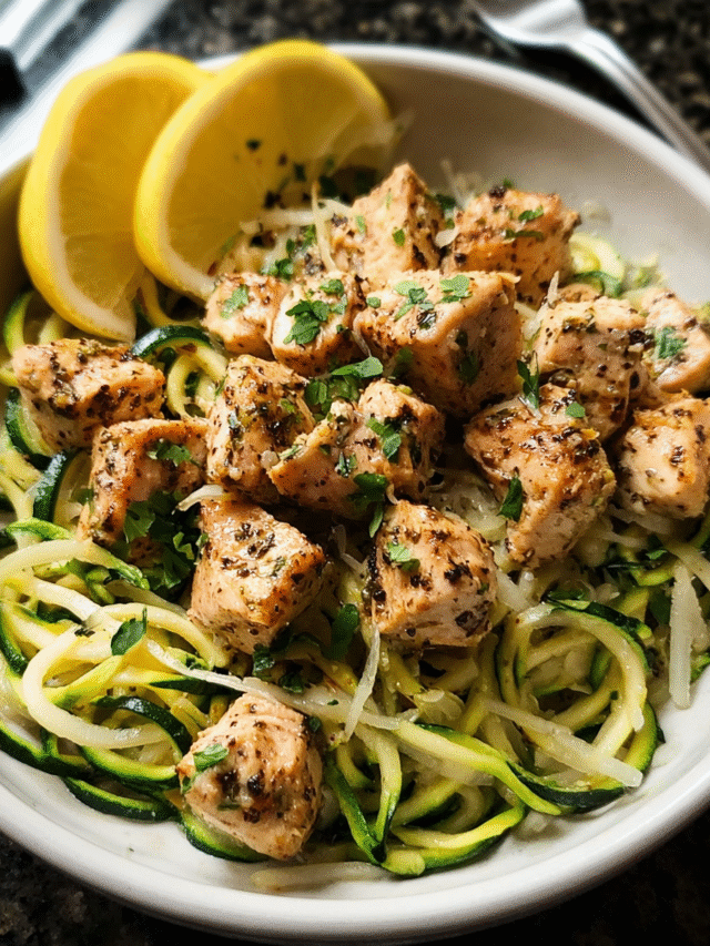 Garlic butter chicken bites served with zucchini noodles in a skillet