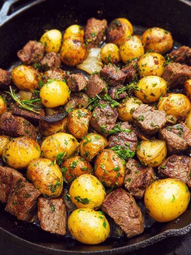 Garlic butter steak and potatoes cooked in a skillet