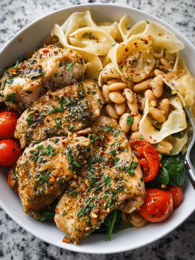 Herb Butter Chicken Meal Prep with Tuscan White Bean Pasta in meal prep containers