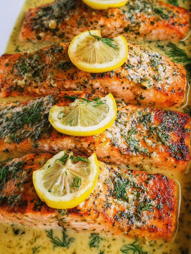 Pan-seared salmon fillets topped with creamy lemon dill butter sauce in skillet