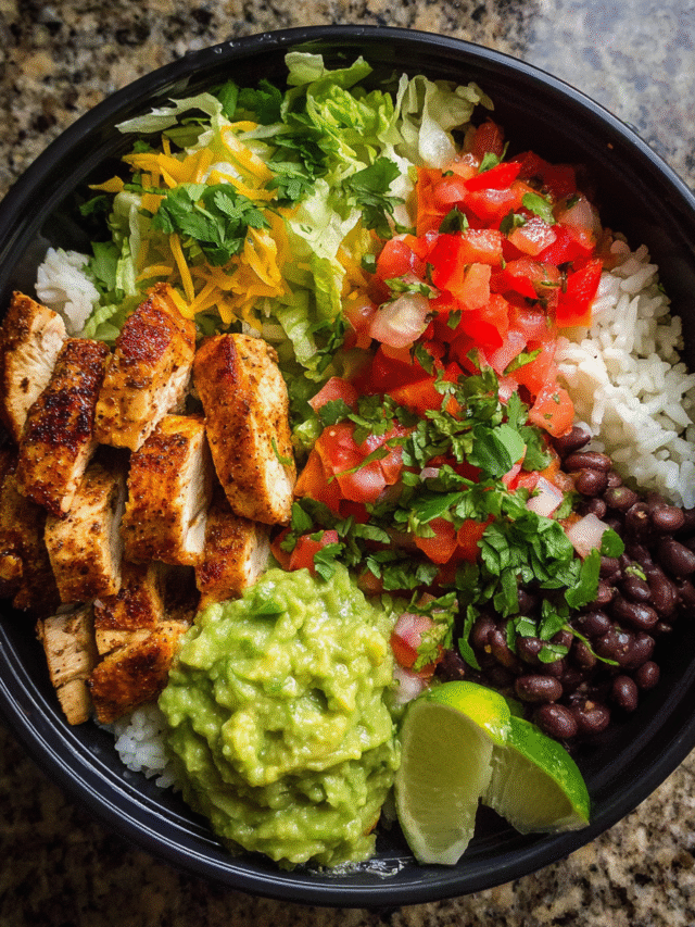 Meal-prep chicken burrito bowl with rice, chicken, guacamole, and veggies