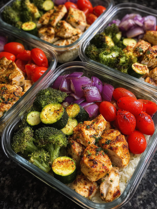 Meal prep containers filled with healthy roasted chicken and veggies