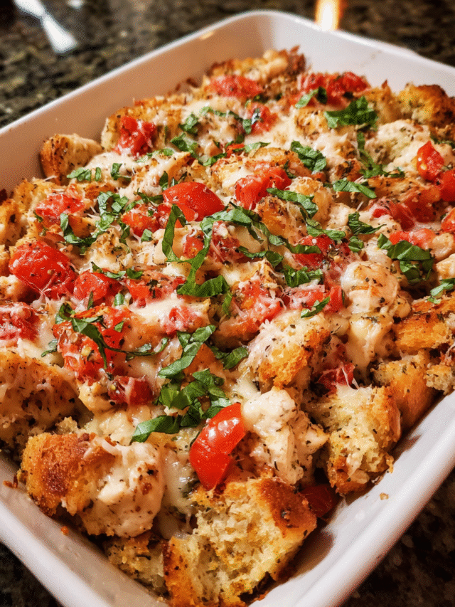 Make-Ahead Bruschetta Chicken Bake topped with stuffing and melted cheese in a white baking dish