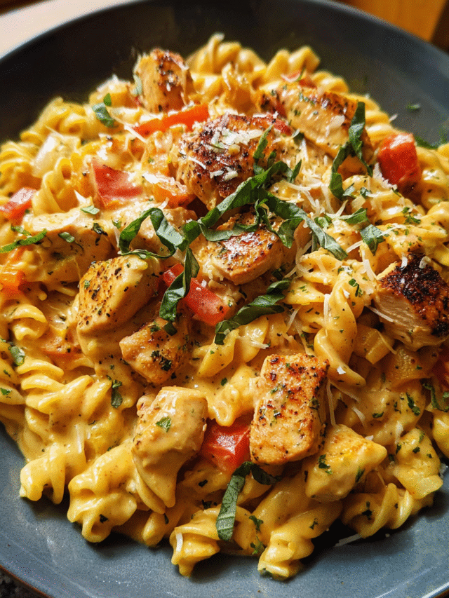 Make-Ahead Cajun Chicken Pasta Bowls with creamy sauce and peppers in a meal prep container