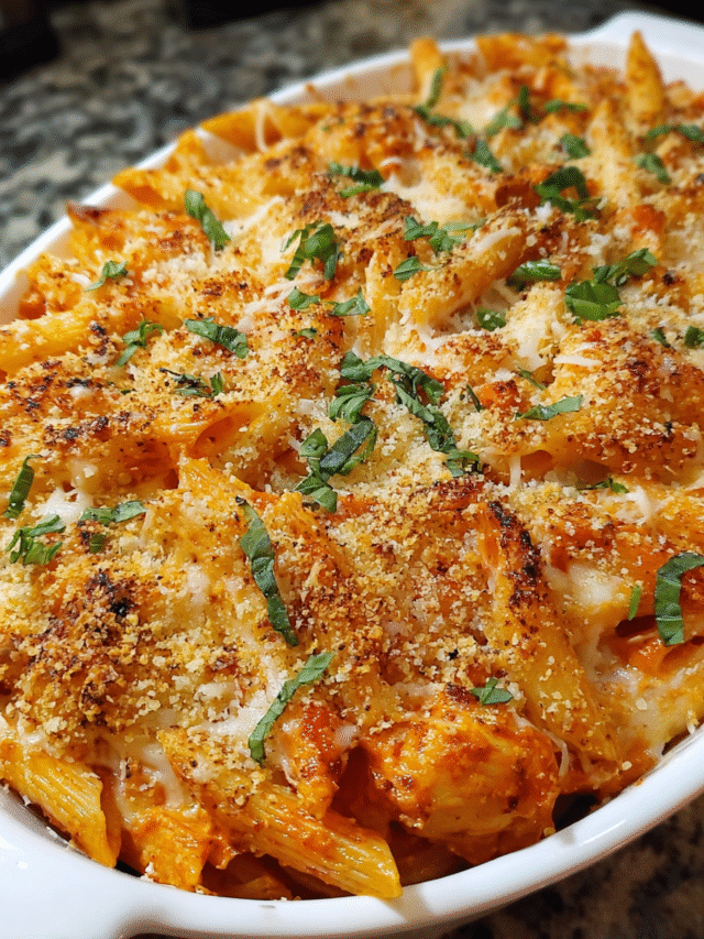 Make-Ahead Chicken Parmesan Pasta Bake with golden topping in baking dish