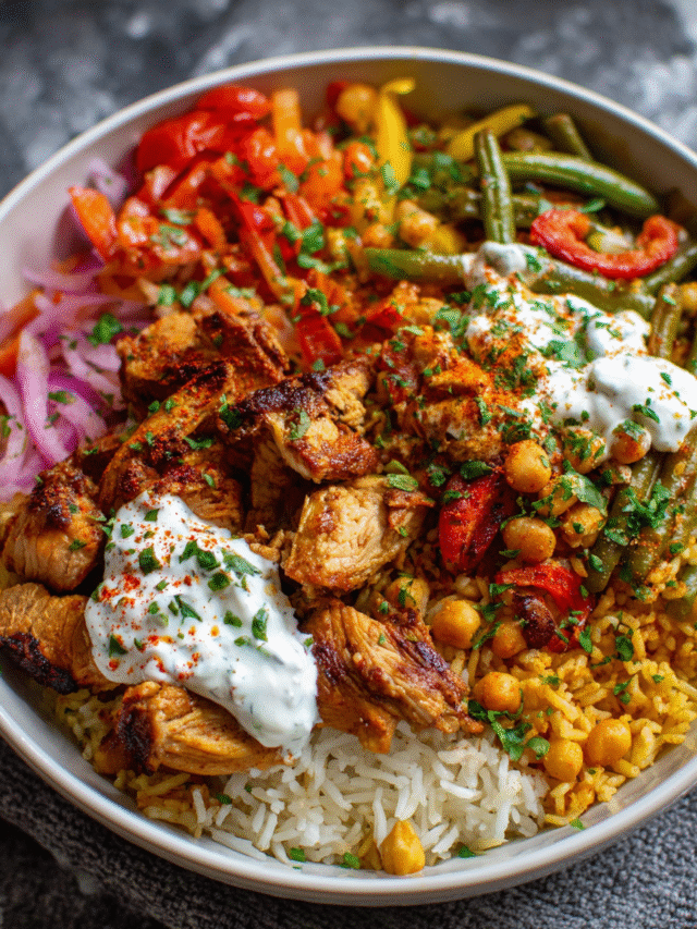 Make-Ahead Chicken Shawarma Rice Bake with veggies and tzatziki