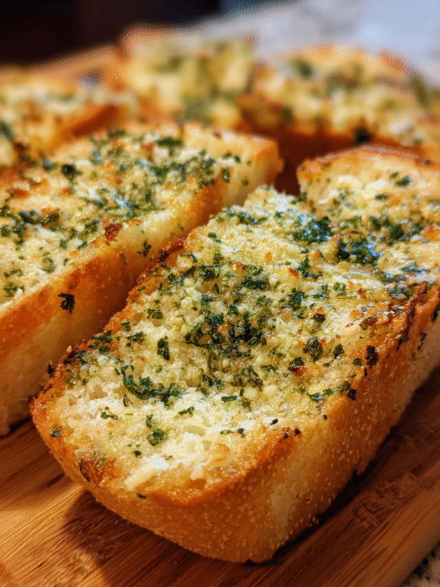 Golden baked make-ahead freezer garlic bread on baking sheet