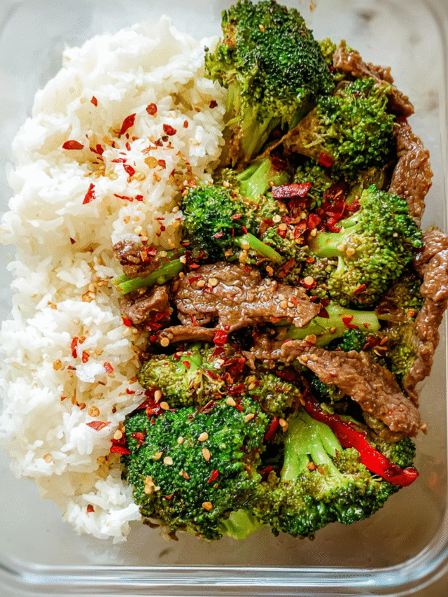 Meal Prep Beef and Broccoli in glass container with rice