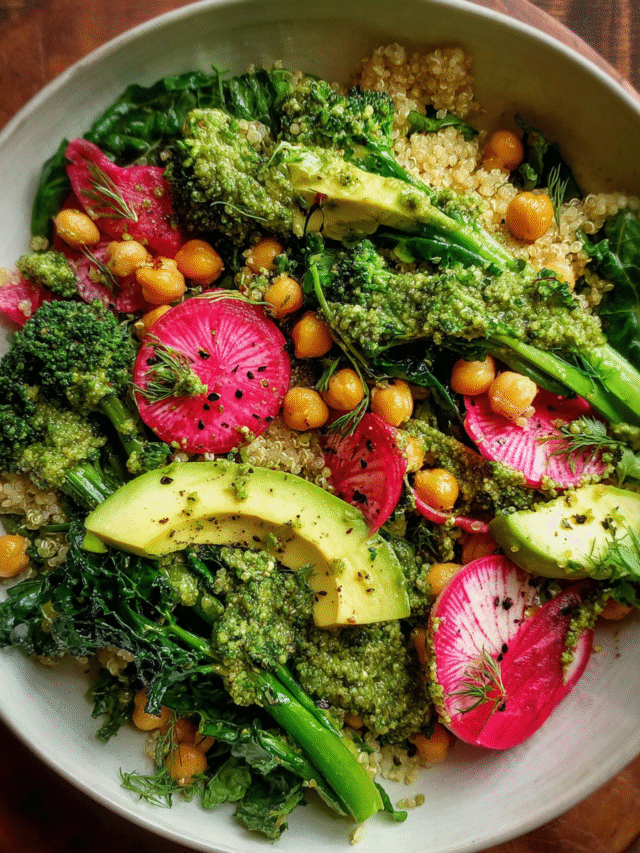 Meal Prep Broccoli Pesto Quinoa Salad in glass container with lemony pea pesto