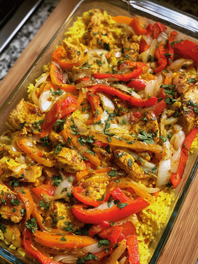 Meal Prep Chicken Fajita Rice Bake fresh from oven in casserole dish