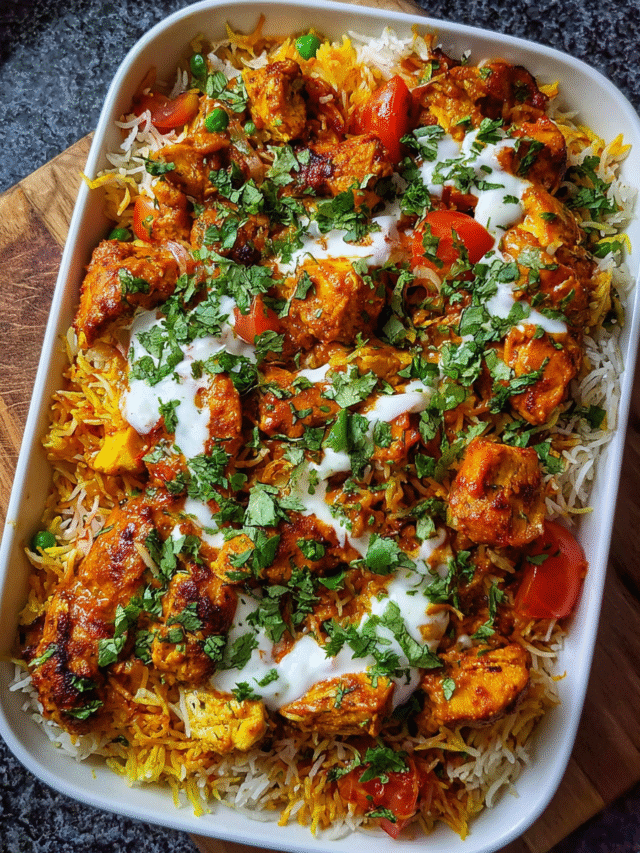 Meal Prep Chicken Tikka Rice Bake in white baking dish with yogurt garnish