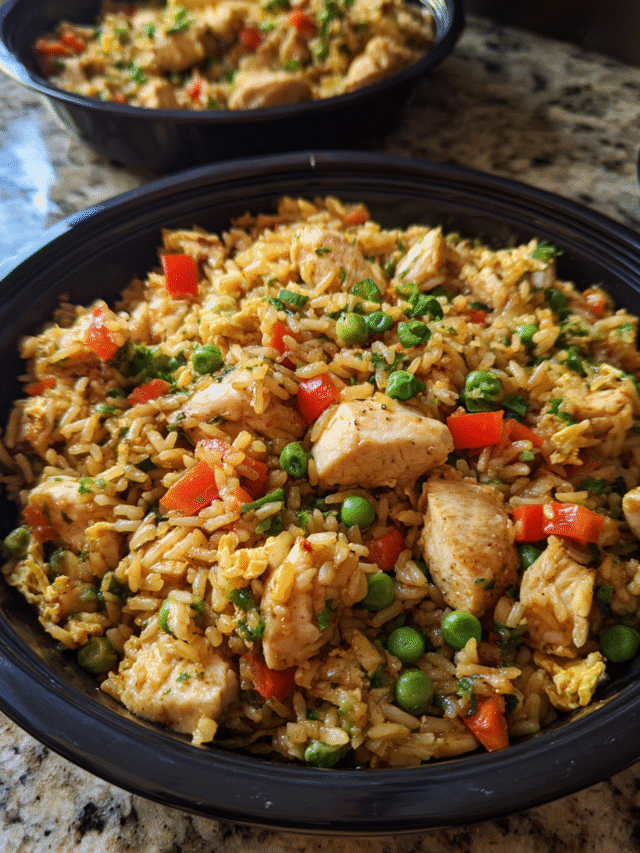 Meal Prep Chicken and Veggie Fried Rice in meal containers with vegetables and brown rice