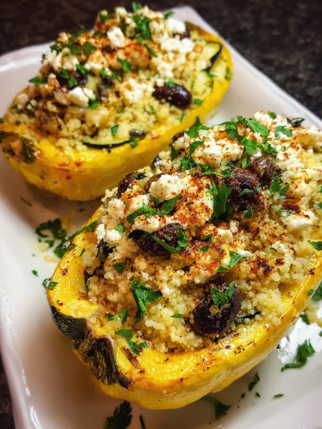 Meal Prep Couscous Stuffed Squash baked with Mediterranean ingredients