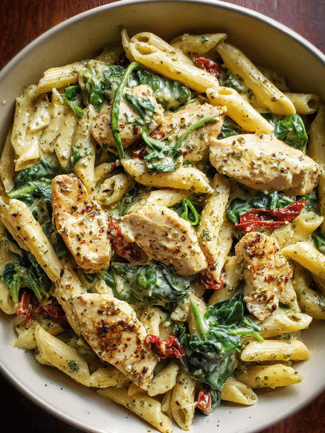 Meal Prep Creamy Pesto Chicken Pasta in glass containers