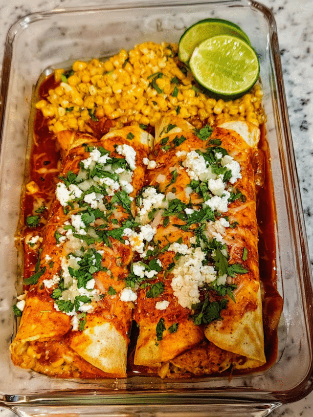 Meal Prep Enchiladas de Pollo and Elote in glass meal prep containers with lime wedges