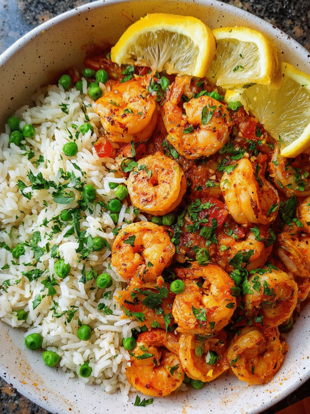 Meal Prep Garlic Butter Shrimp with Rice in white bowl with lemon and parsley