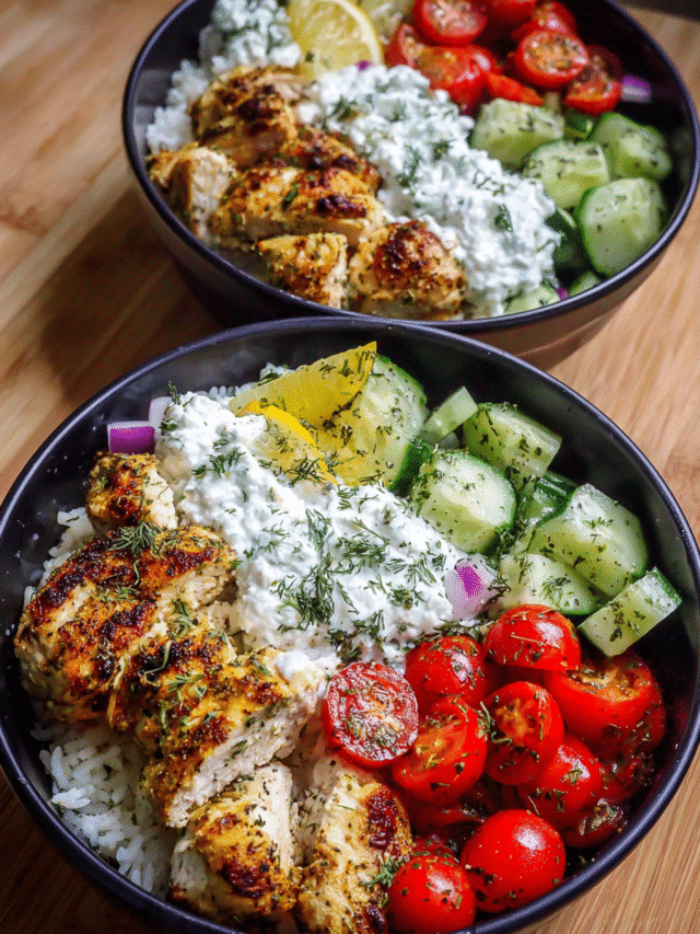 Meal Prep Greek Chicken Bowl with rice, veggies, and tzatziki