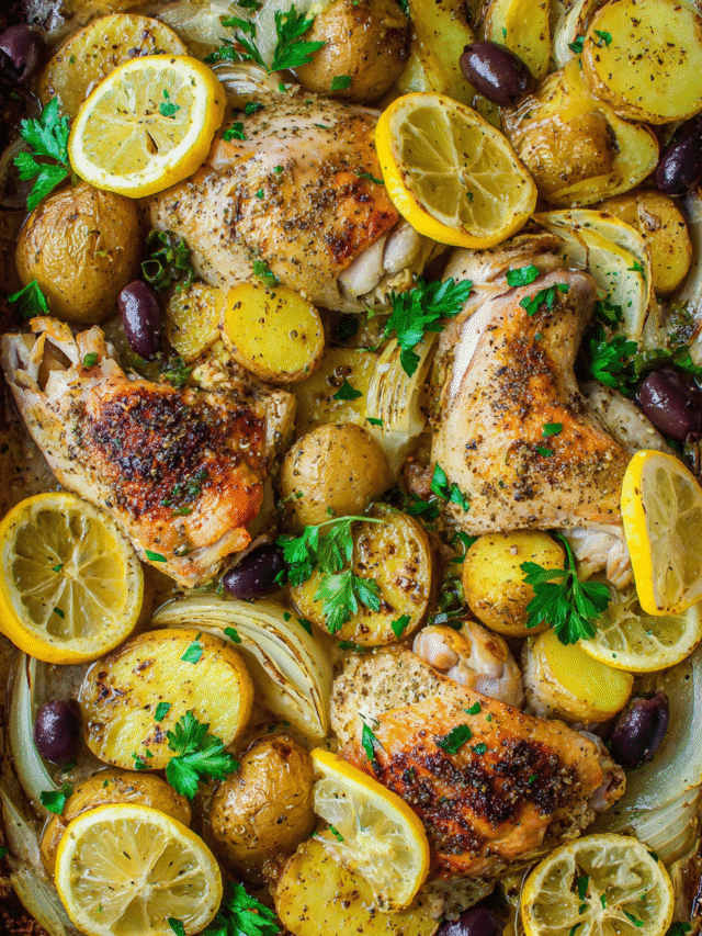 Meal Prep Greek Chicken and Potatoes in a roasted lemon garlic sauce