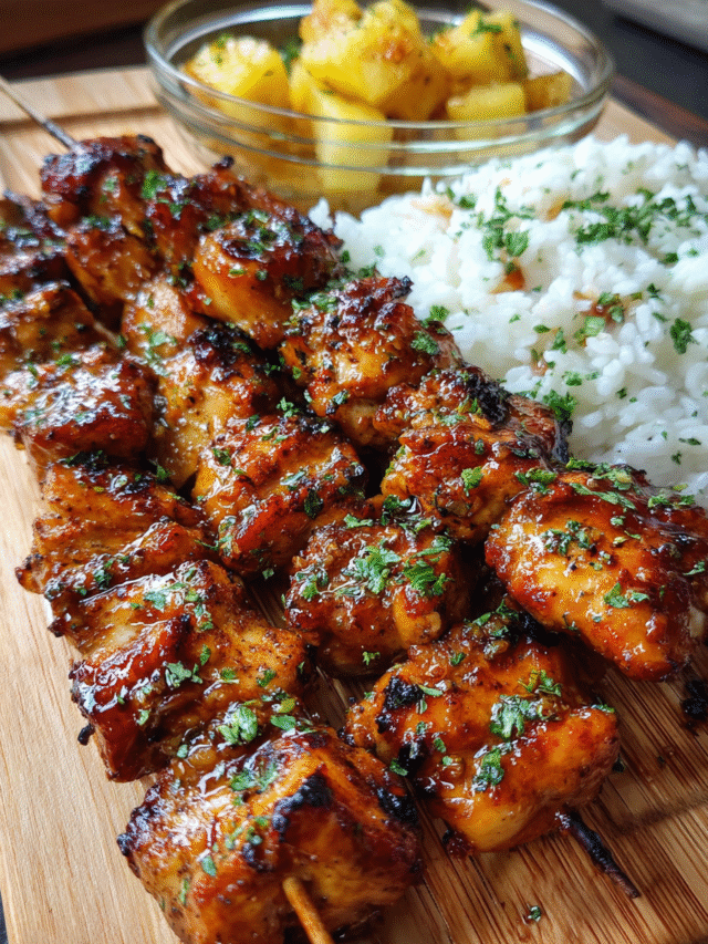 Meal Prep Honey Garlic Jerk Chicken Skewers with Rice and Pineapple