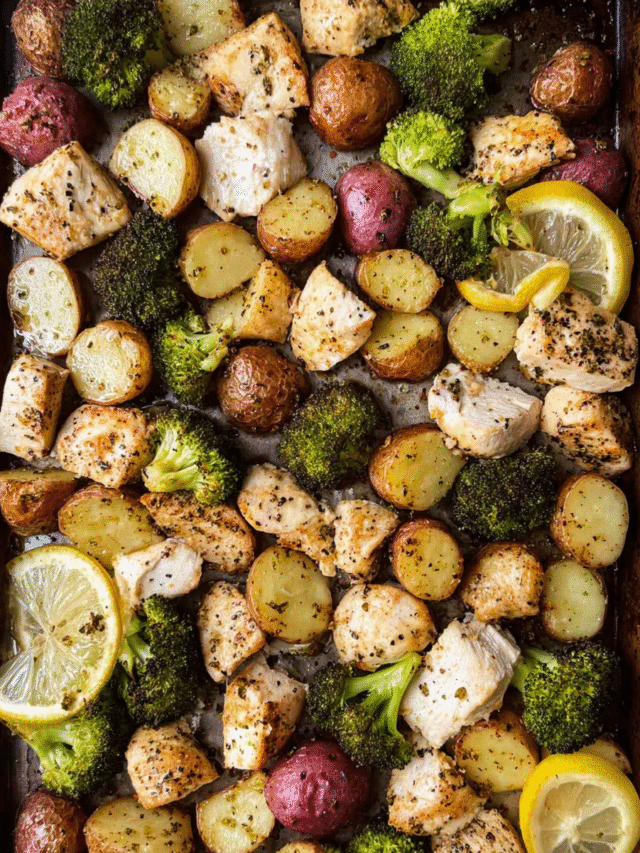 Meal Prep Lemon Pepper Chicken with Potatoes on a sheet pan with broccoli