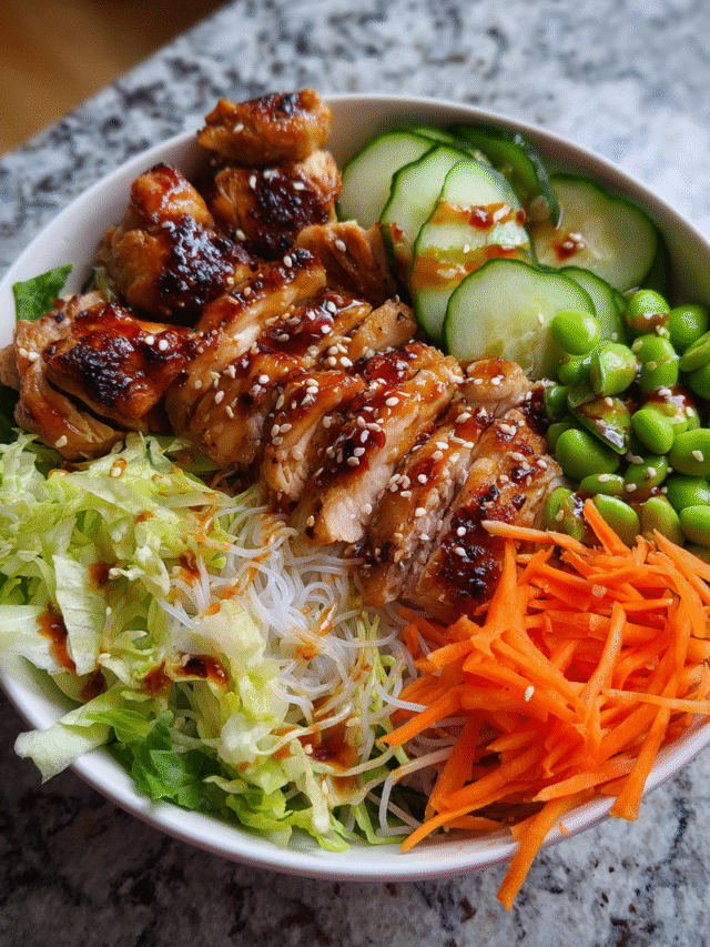 Meal Prep Miso Chicken Noodle Bowl with veggies and sauce