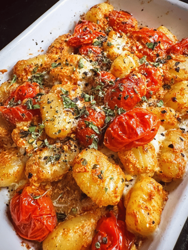 This image shows a finished plate of Meal Prep Pesto Rosso Gnocchi, featuring golden roasted gnocchi, blistered cherry tomatoes, and a rich sun-dried tomato pesto sauce. Ideal for batch cooking or an easy weeknight meal.