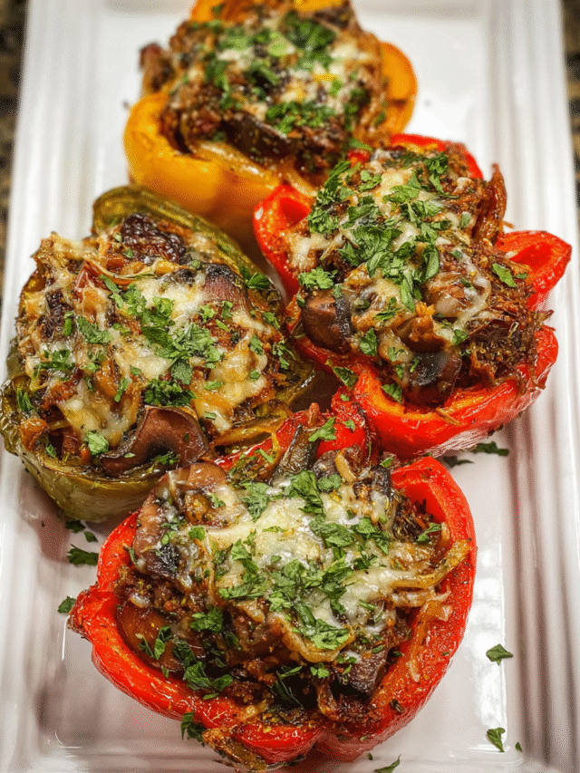 Meal Prep Philly Stuffed Bell Pepper filled with beef, mushrooms, and provolone cheese