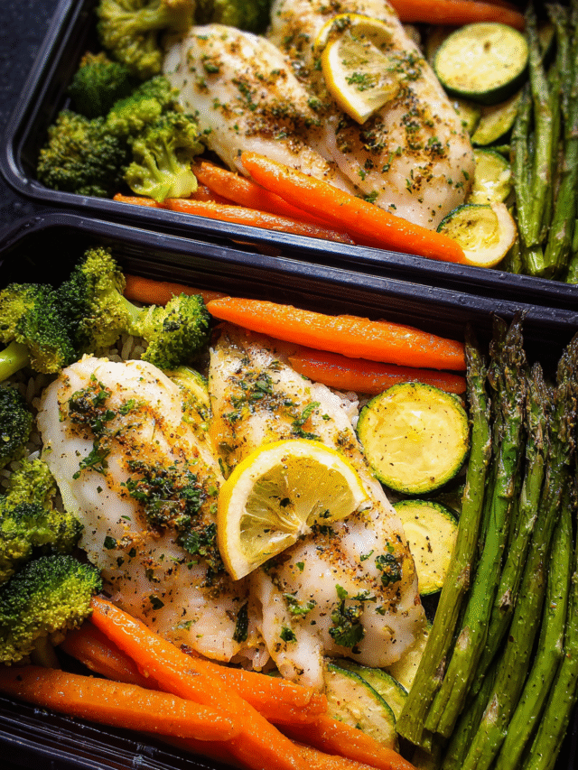 Meal Prep Sheet Pan Tilapia and Veggies with Roasted Vegetables and Brown Rice
