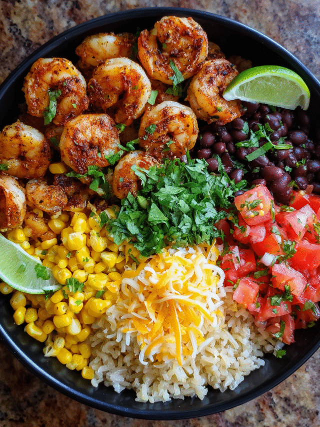 Meal-Prep Shrimp Taco Bowl with rice and toppings