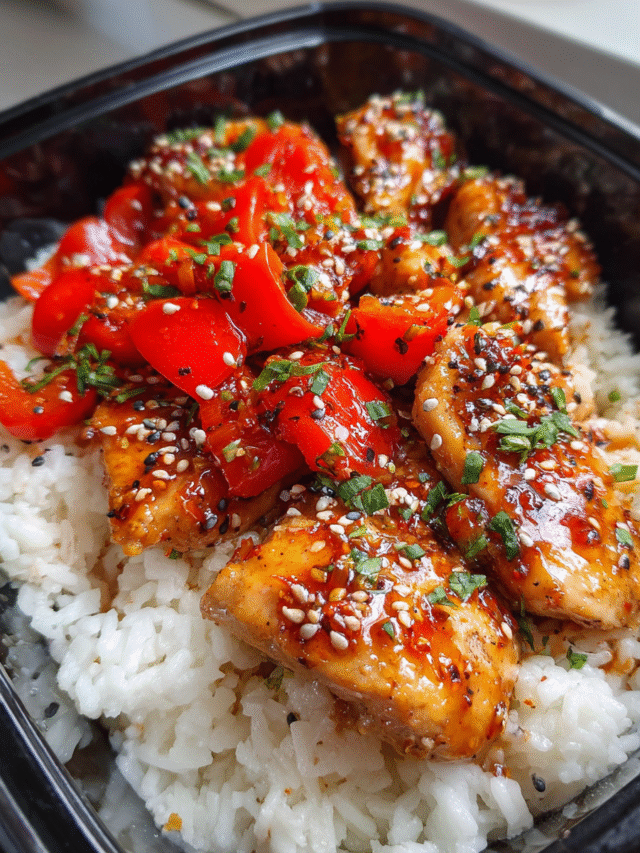 Meal prep sweet and sour chicken in a bowl with jasmine rice