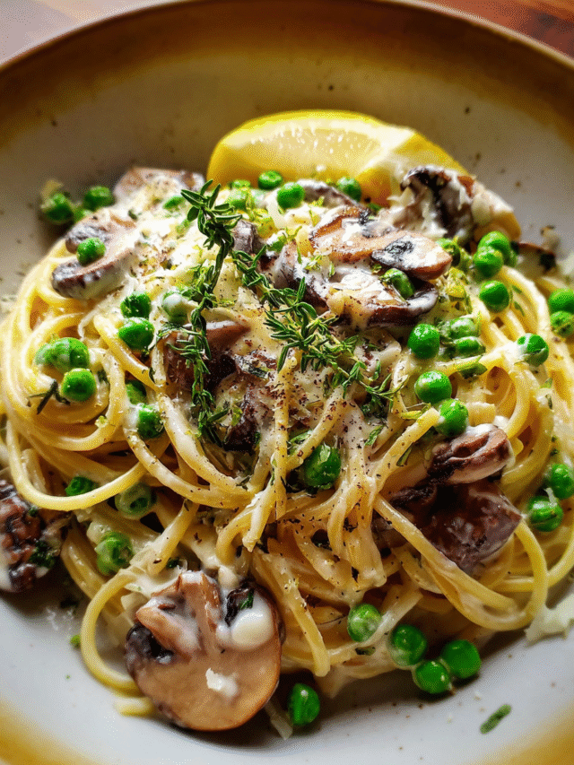 Mushroom pasta with peas served with ricotta