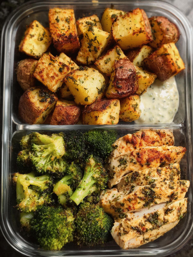 Ranch chicken meal prep in containers with potatoes and broccoli