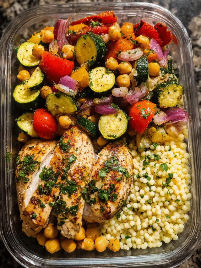 Roasted vegetable couscous meal prep in containers with chicken and chickpeas