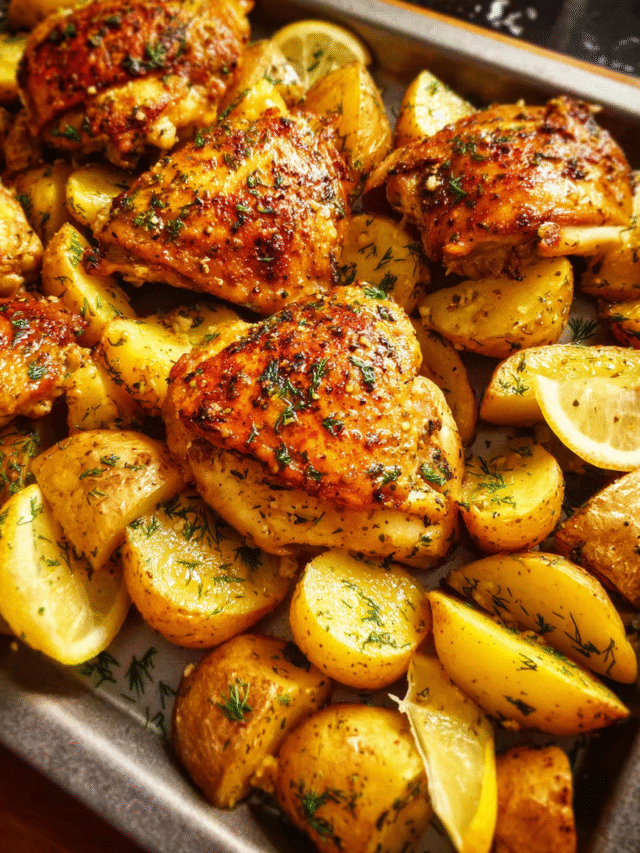 Roasted lemon pepper chicken thighs with golden potatoes on a baking sheet