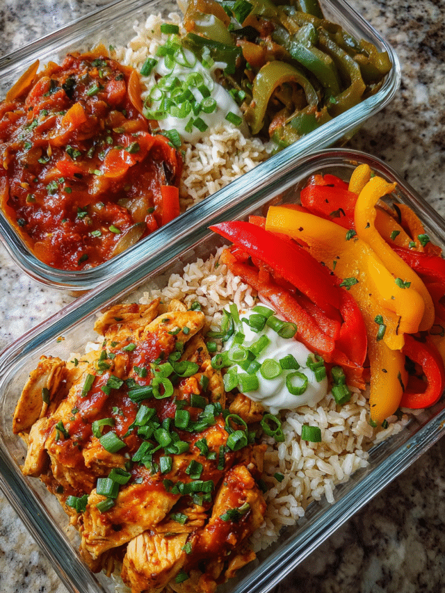 Salsa chicken meal prep bowls with rice and peppers