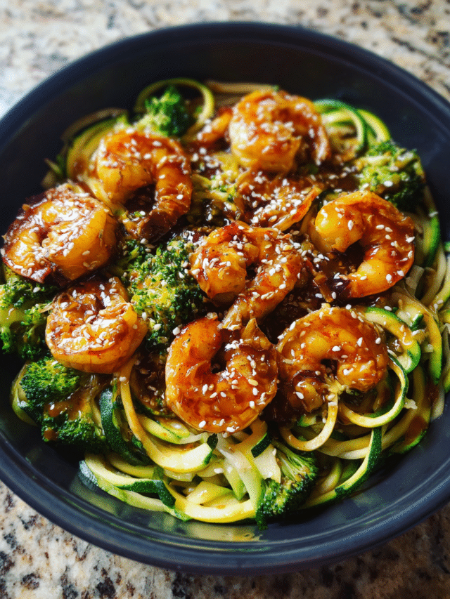 Shrimp Teriyaki Zucchini Noodles Meal-Prep in Glass Containers