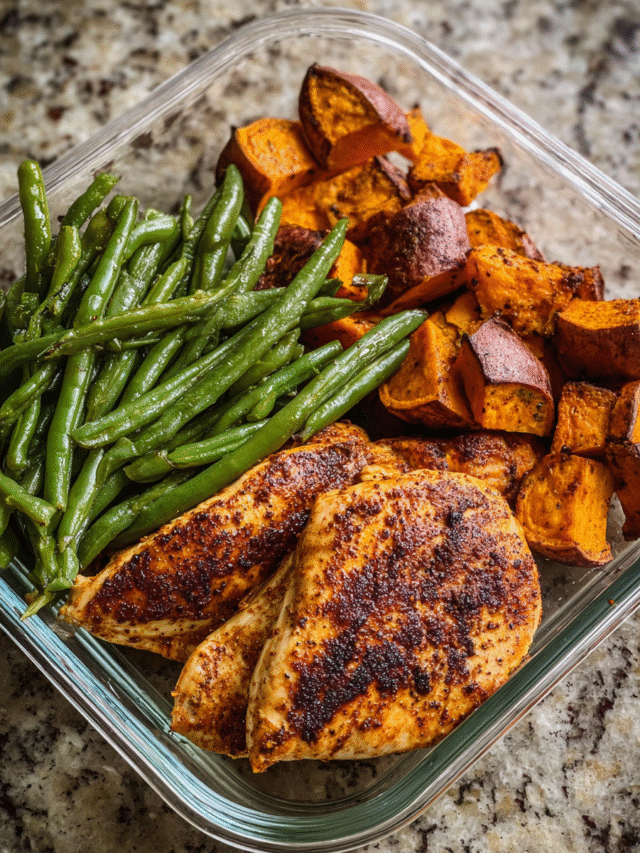 Smoky chicken and cinnamon roasted sweet potato meal prep in a lunch container