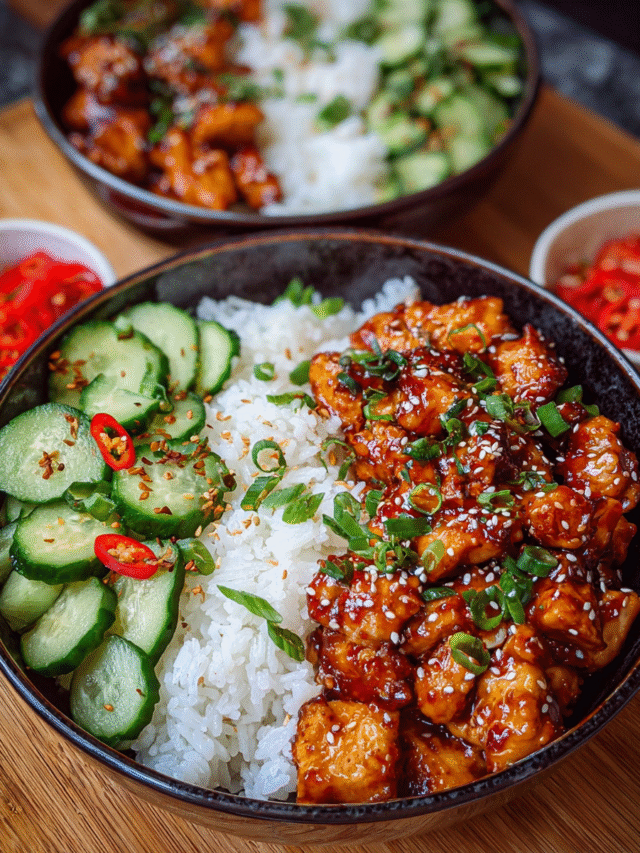 Sticky Korean Fried Chicken and Rice Bowl with Gochujang Glaze