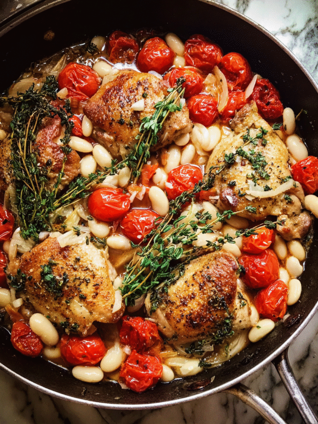 white bean chicken bake with garlic and herbs in baking dish