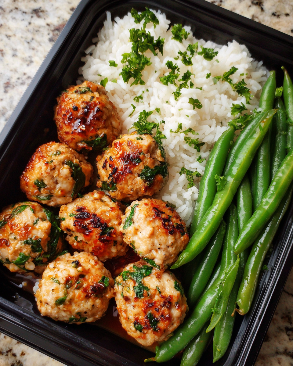 Turkey meatball meal prep with rice and green beans in containers