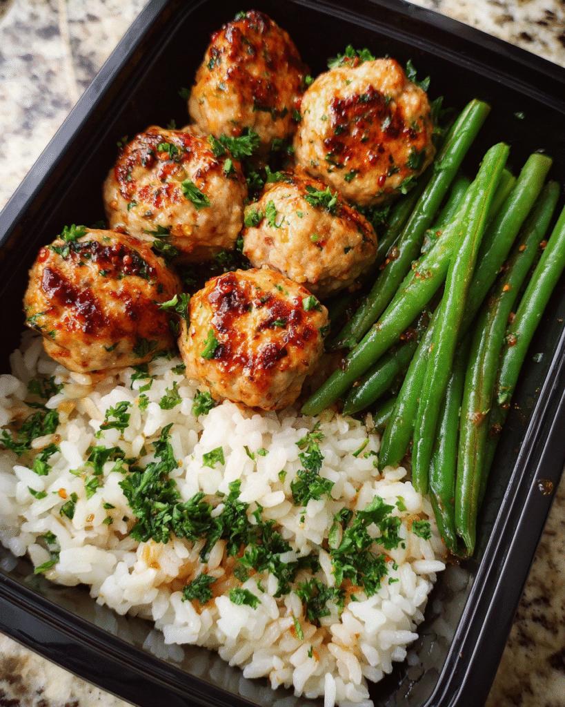 Turkey meatball meal prep with rice and green beans in containers