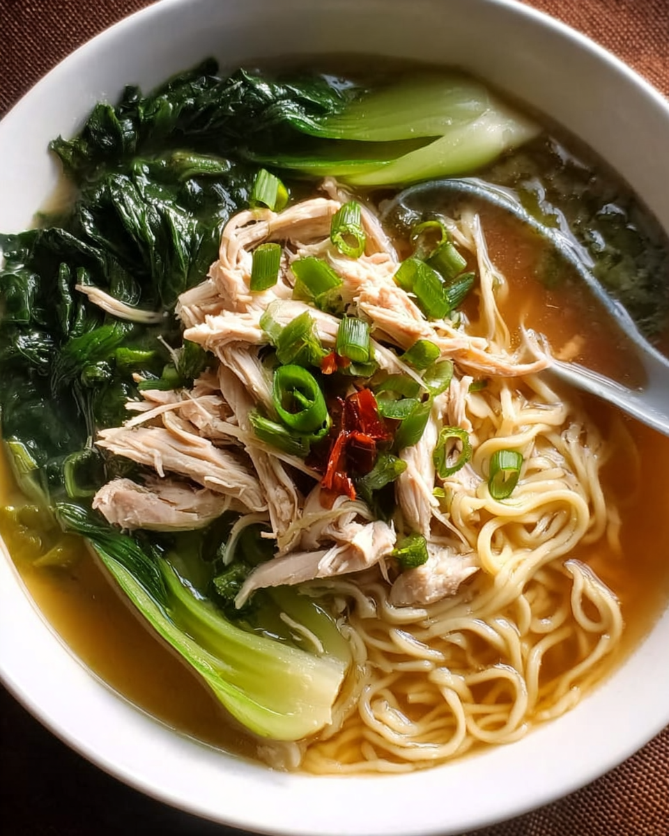 Asian noodle soup with chicken, bok choy, and fresh noodles in a bowl