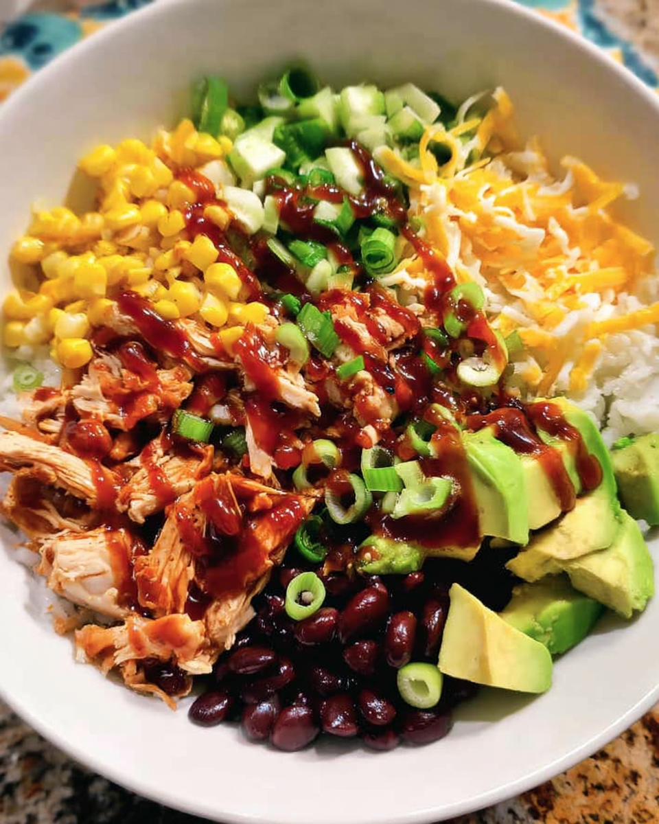 BBQ Chicken Burrito Bowl with rice, beans, and toppings